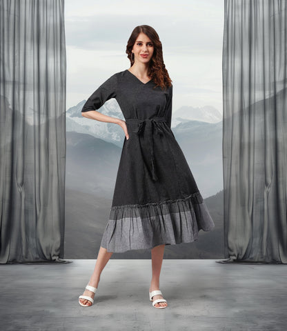 Black Cotton Striped Flared Western Dress