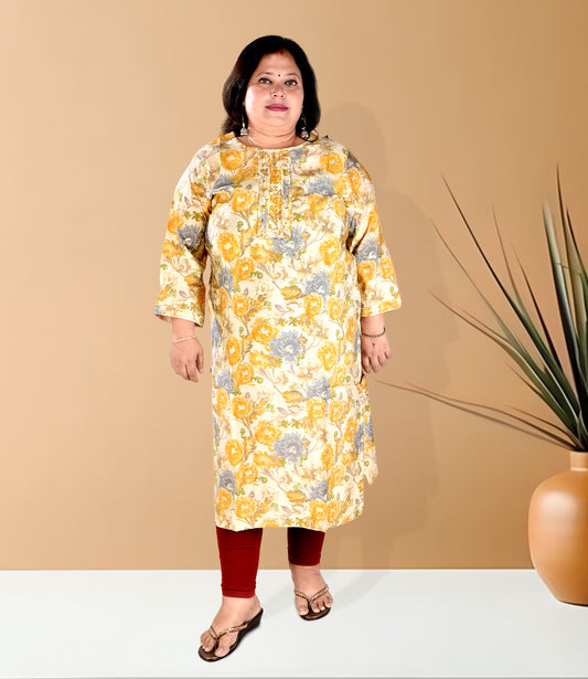 Yellow Floral Print Plus Size Muslin Kurti with Lemon Yellow Floral Print