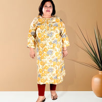 Yellow Floral Print Plus Size Muslin Kurti with Lemon Yellow Floral Print