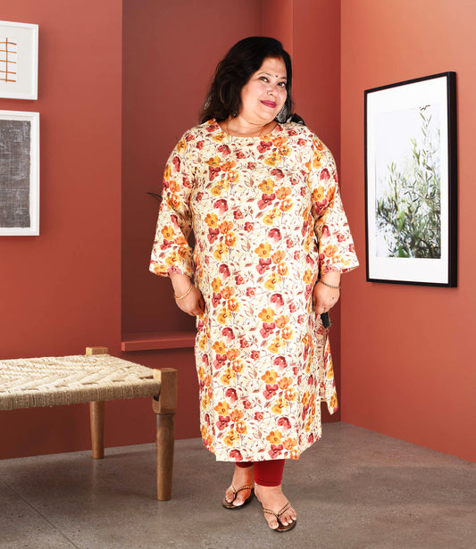 Plus Size Muslin Kurti with Lemon Yellow Floral Print