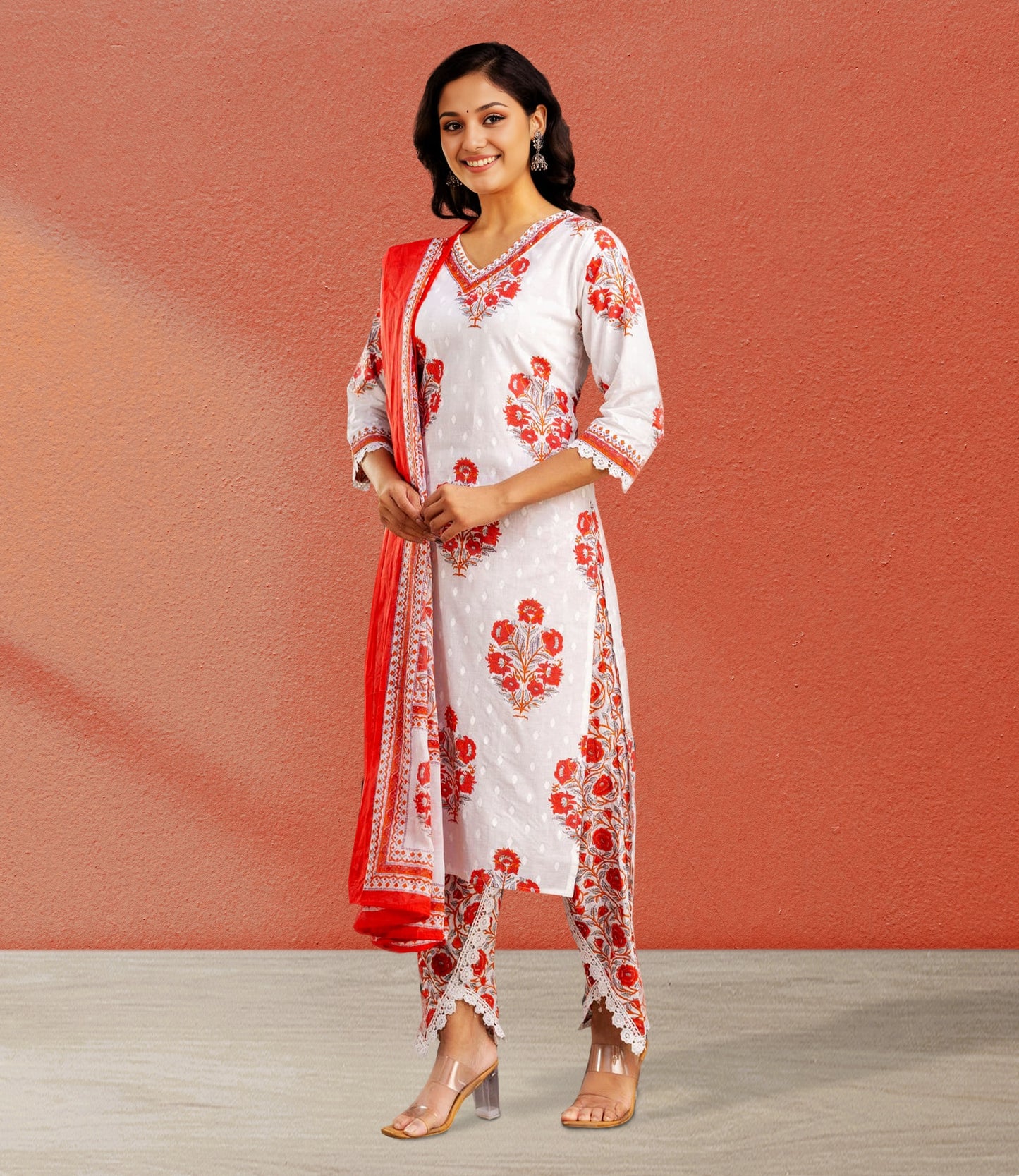 White and Red Floral Kurta Set