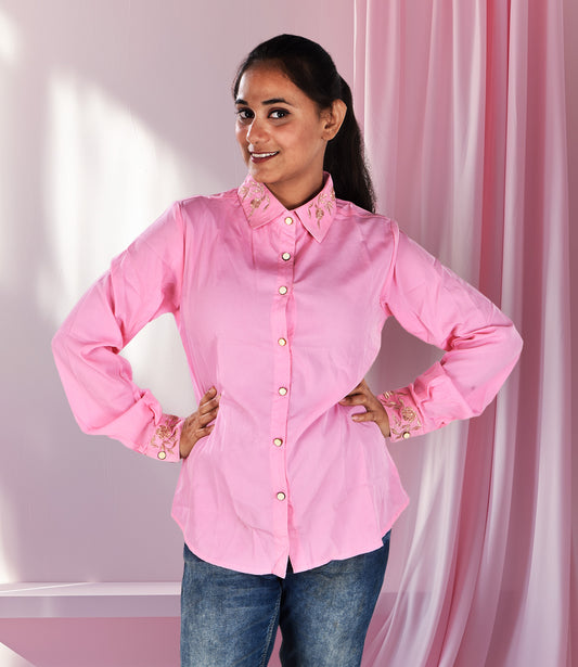 Pink Shirt with Golden Embriodery