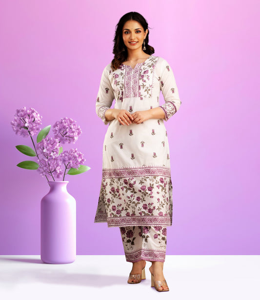 White Floral Print Kurta Set