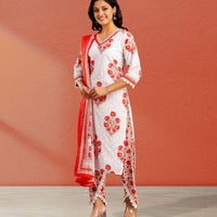 White and Red Floral Kurta Set