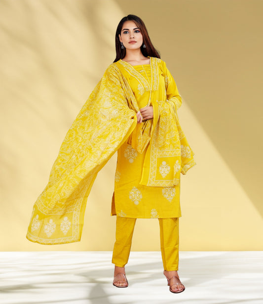 Sunshine Yellow Floral Cotton Kurta Set