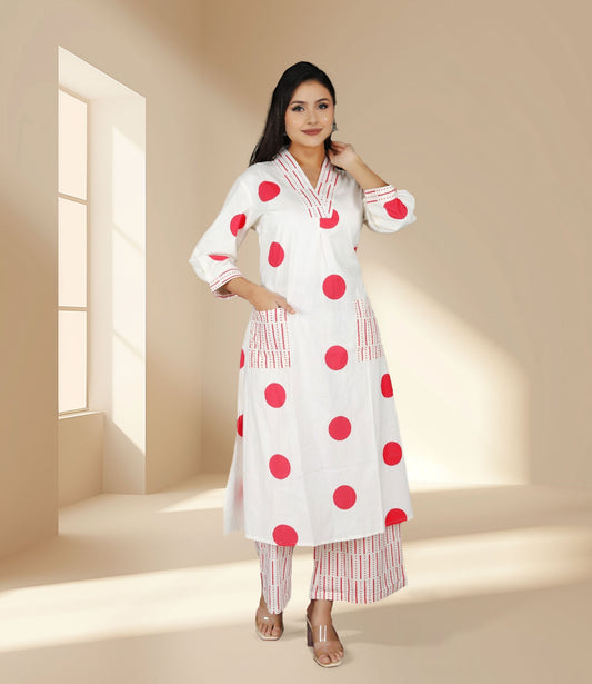 White Polka Dot Kurta Set with Pants