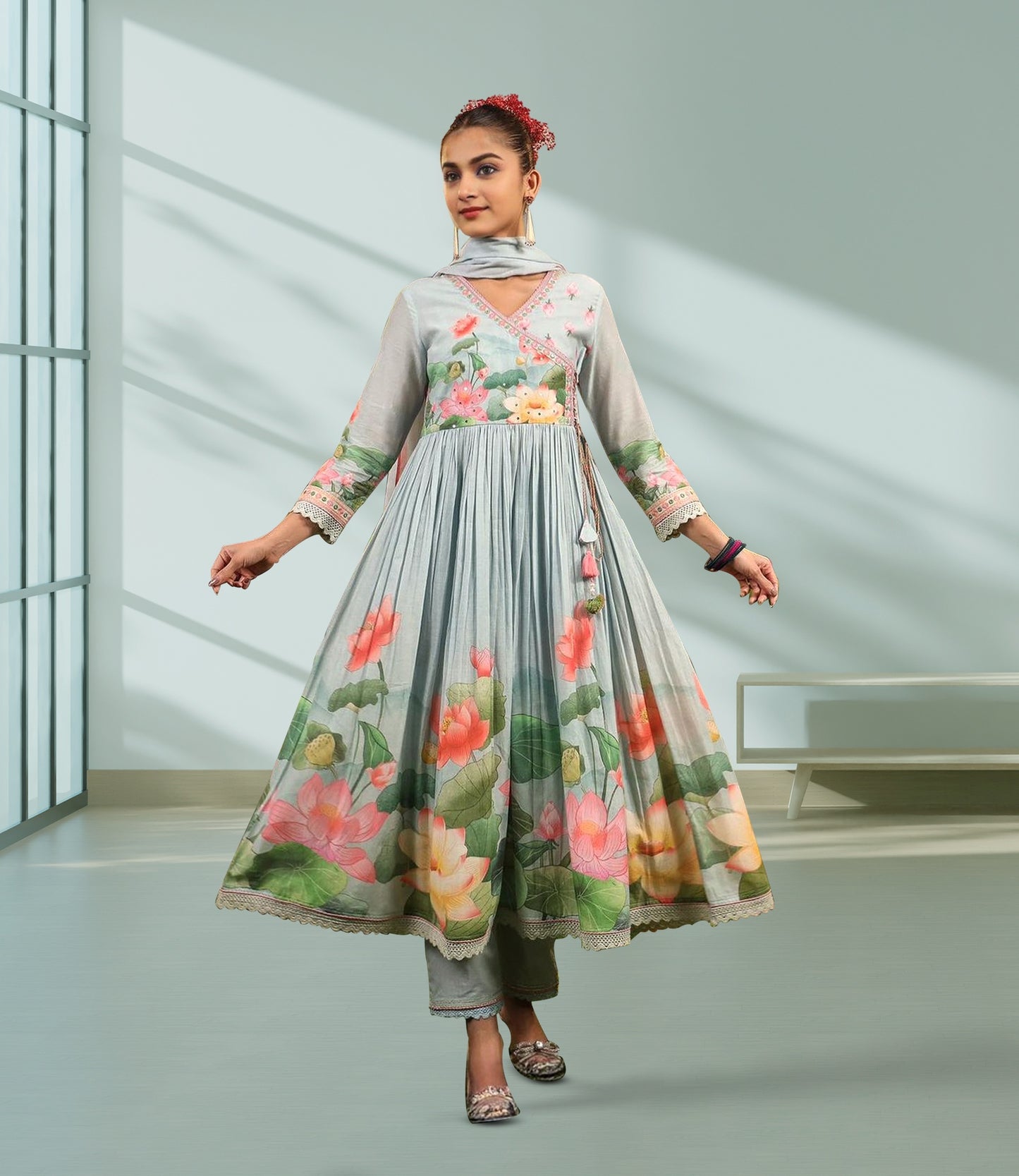 Grey Floral Print Anarkali Kurta with Dupatta