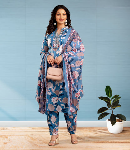 Blue and Beige Floral Print Salwar Suit