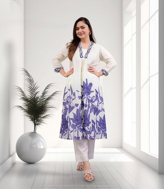 White and Purple Floral Embroidered Kurta Set