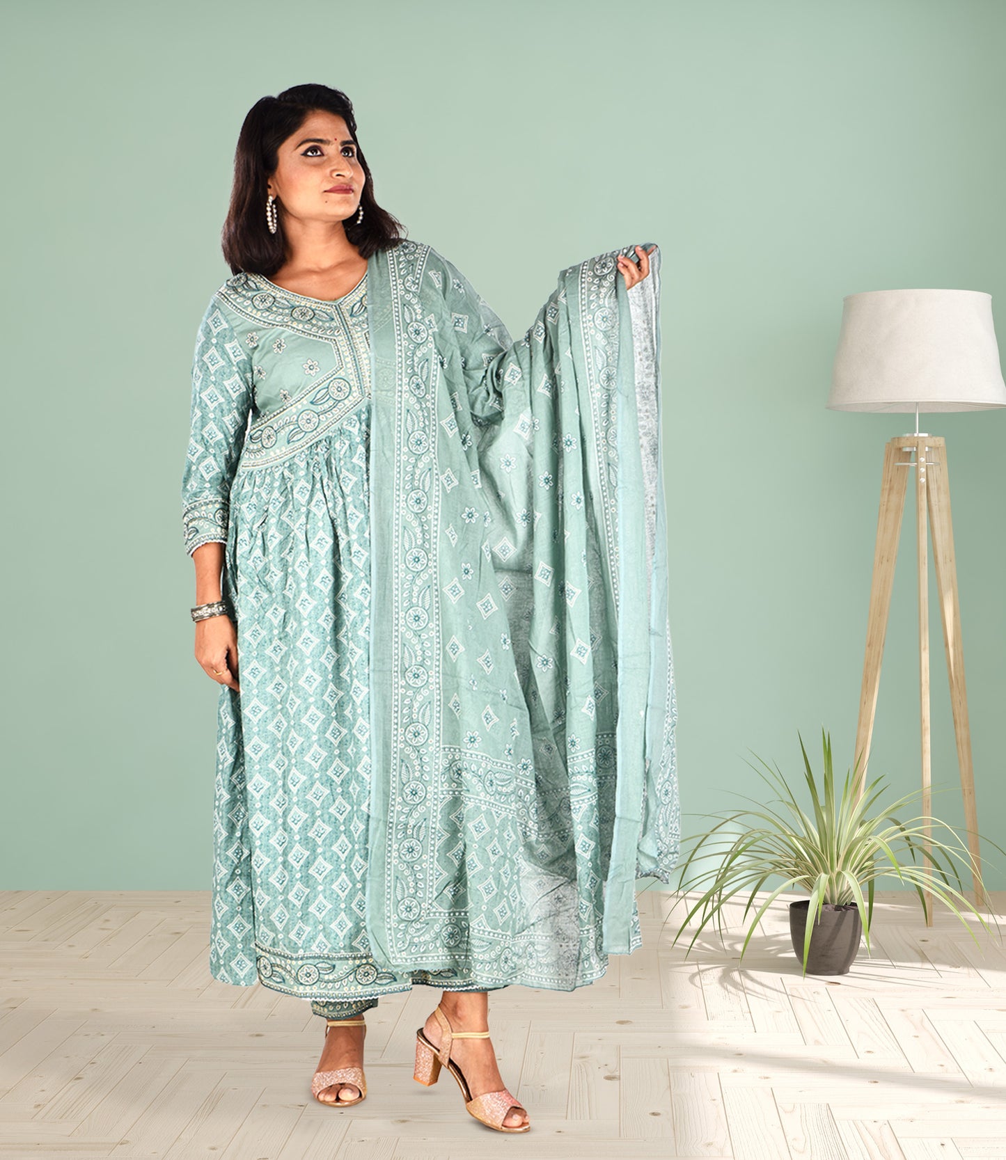 Ethnic Motifs Embroidered High Slit Threadwork Kurta with Trousers and Printed Dupatta