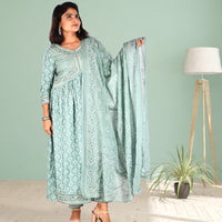 Ethnic Motifs Embroidered High Slit Threadwork Kurta with Trousers and Printed Dupatta