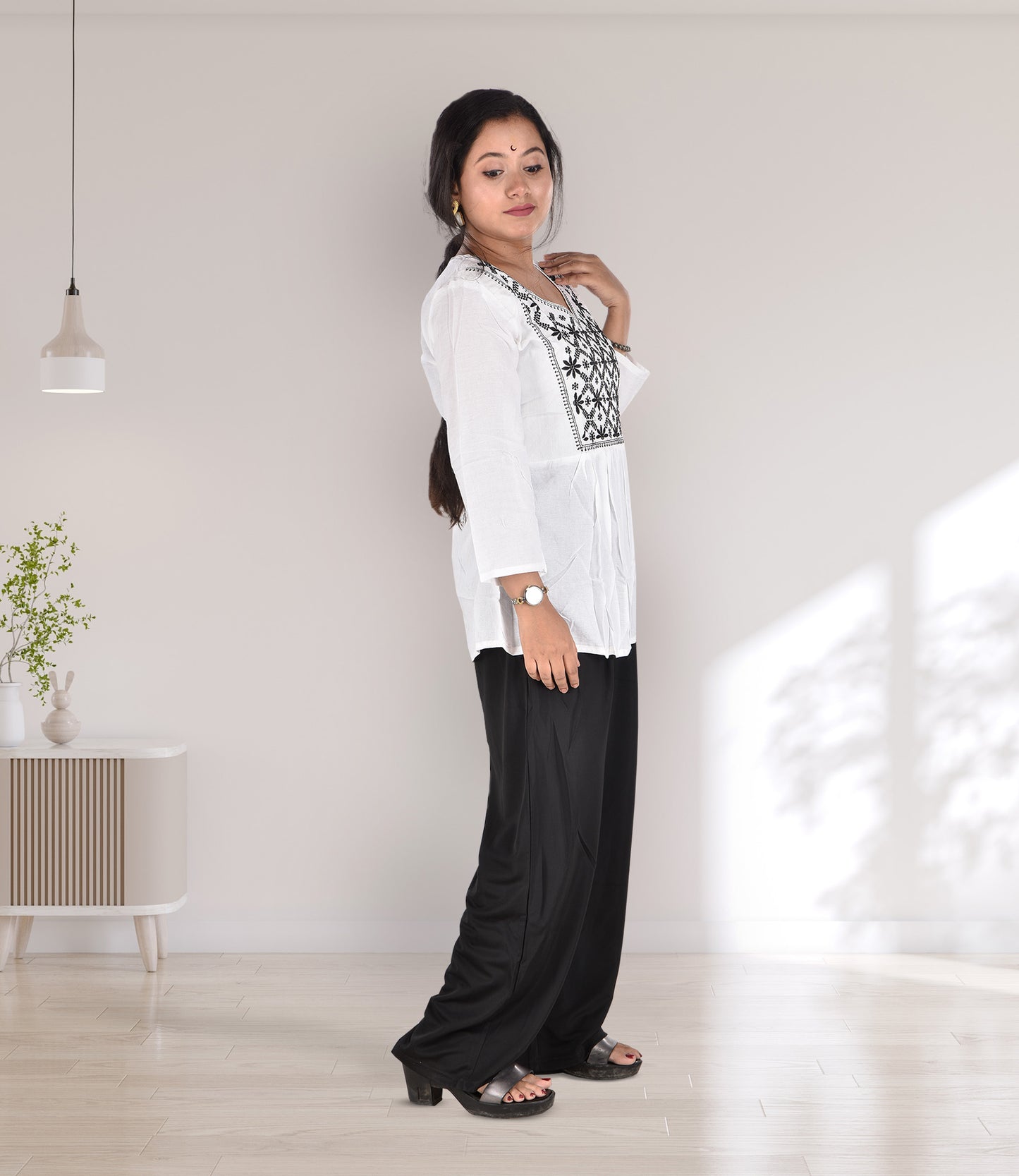 White Rayon Top with Black Embroidery