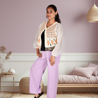 White and Pink Knitted Crochet Crop Top with Purple Trousers