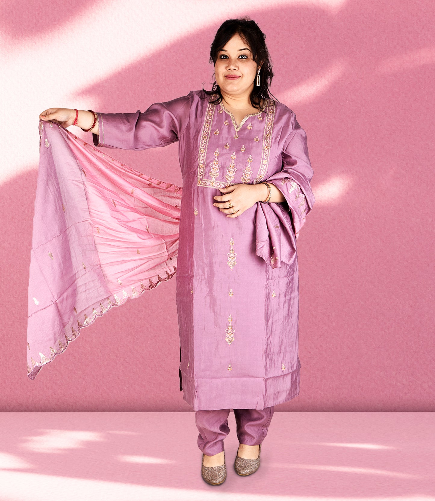 Violet Silk Embroidery Kurta with Trousers and Dupatta