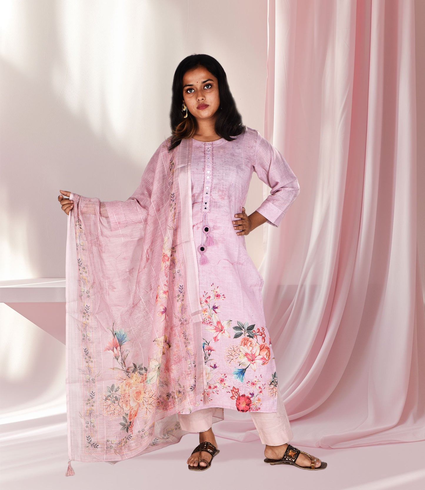 Pink Floral Print Embroidery Work Kurta, Pants with Dupatta Set