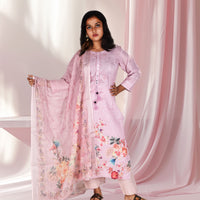 Pink Floral Print Embroidery Work Kurta, Pants with Dupatta Set