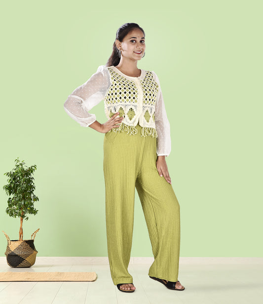 White and Green Knitted Crochet Crop Top with Matching Green Trousers