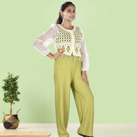 White and Green Knitted Crochet Crop Top with Matching Green Trousers