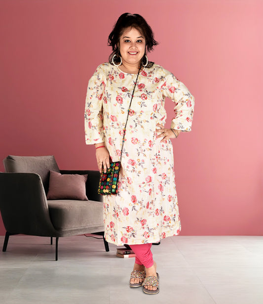 Plus Size Muslin Cream Floral Print Kurti