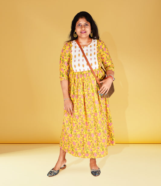 Yellow Cotton Flared Ethnic Dress