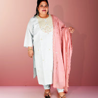 Sea Blue Modal Silk Embroidery Kurta with Trousers and Dupatta