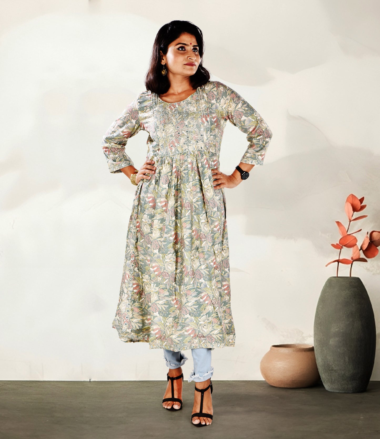 Multi Color Floral Print Long Side Slit Kurta