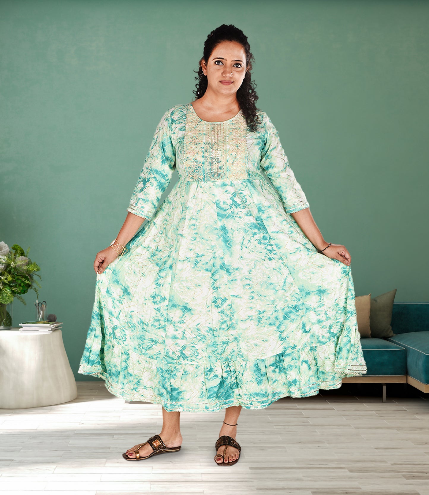 Green Flared Sleeves Floral Print Mirror Work Anarkali Kurta