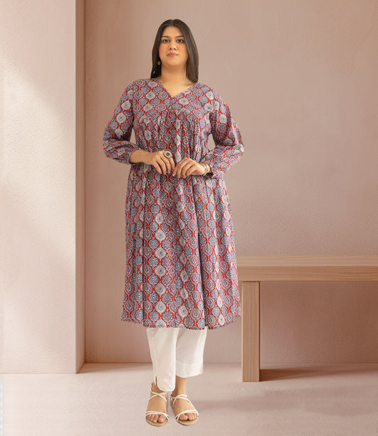 Plus Size Red Cotton Ethnic Motifs A-Line Kurta