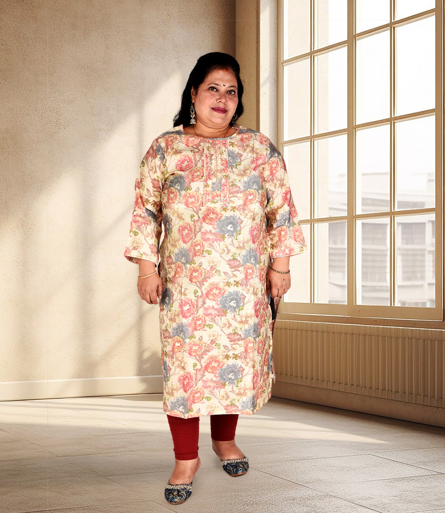 Multi Colored Floral Print Plus Size Muslin Cream Kurti