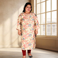 Multi Colored Floral Print Plus Size Muslin Cream Kurti