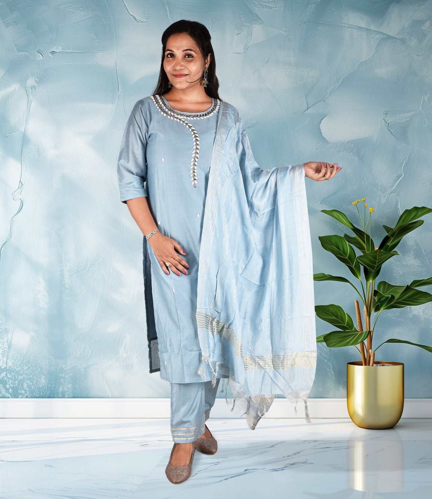 Blue Beads Sequence Work Kurta, Pants with Dupatta Set