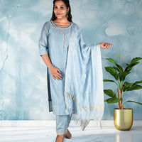 Blue Beads Sequence Work Kurta, Pants with Dupatta Set