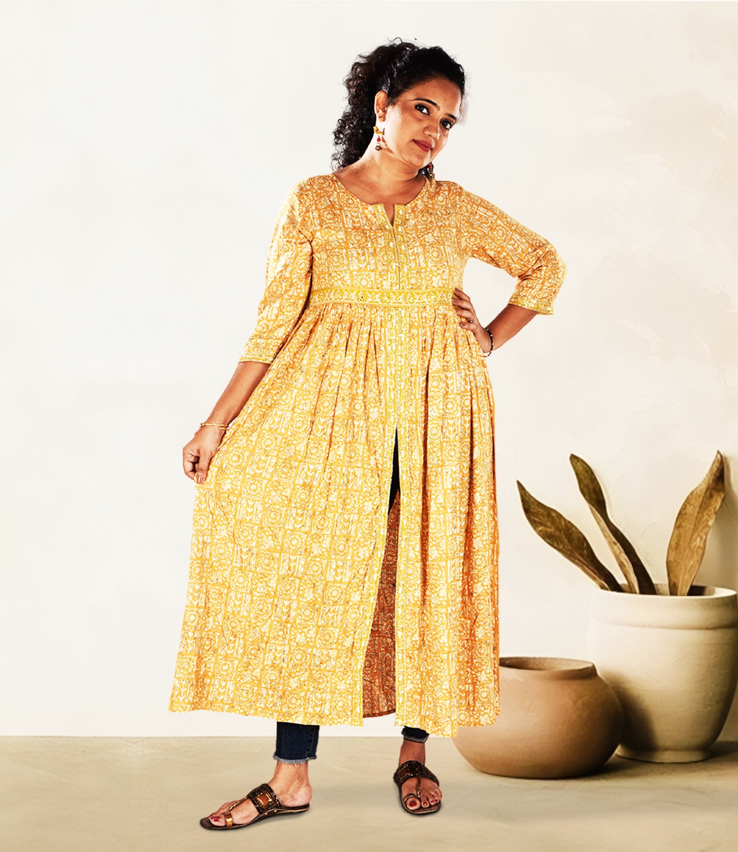 Yellow Ethnic Motifs Front Slit Anarkali Kurta