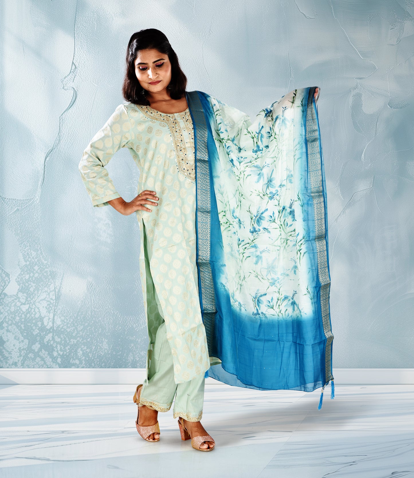 Sea Green Chanderi Silk Embriodery Kurta with Trousers and Dupatta