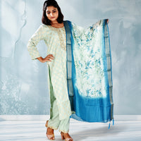 Sea Green Chanderi Silk Embriodery Kurta with Trousers and Dupatta