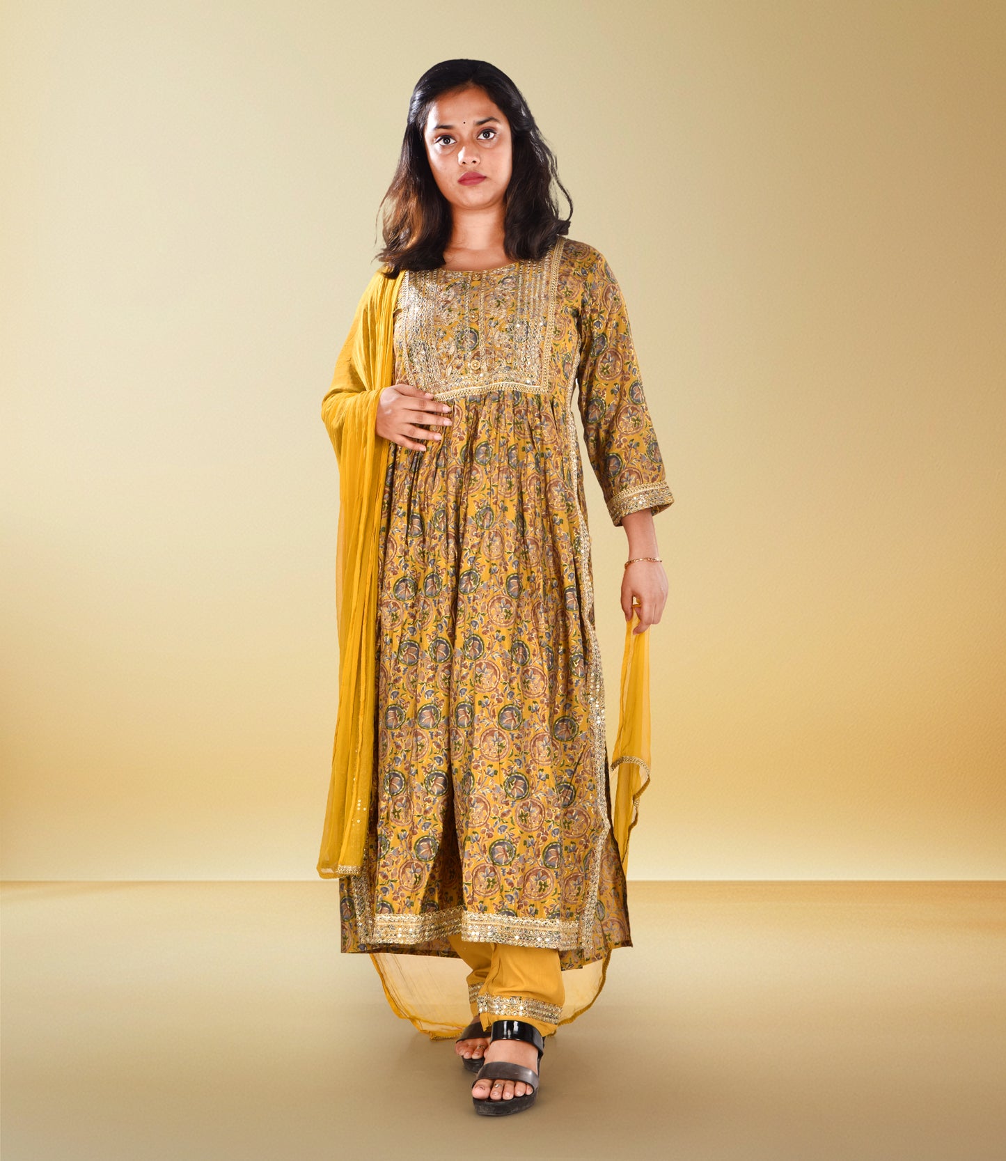 Yellow Viscos Rayon Embroidery Kurta with Dupatta Set