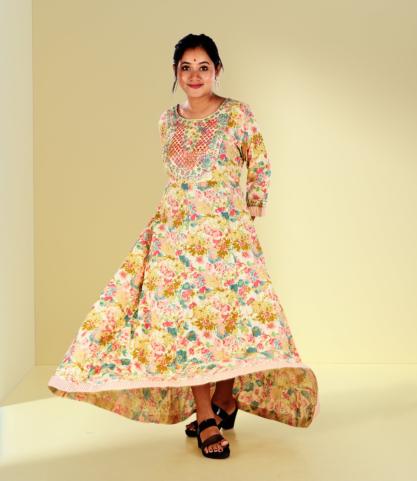 Multi Flared Sleeves Floral Print Anarkali Kurta with Mirror Work