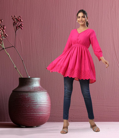 Pink Cotton Schiffli Fit and Flare Tunic