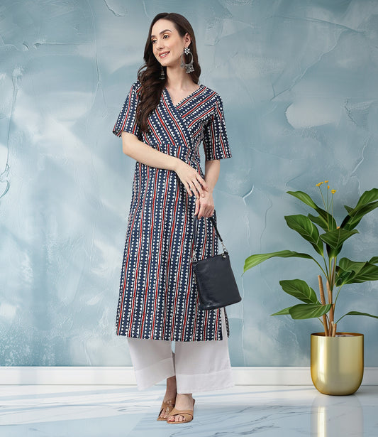 Navy Blue Cotton Geometric Straight Kurta