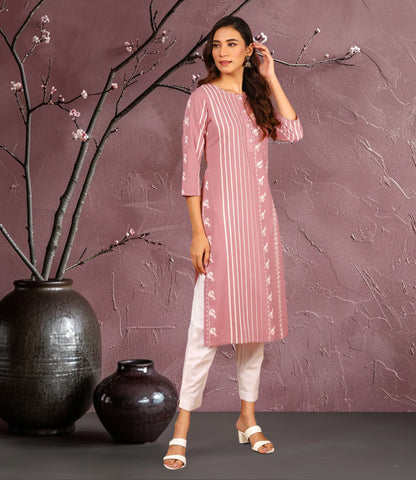 Pastel Pink Cotton Animal Print Straight Kurta