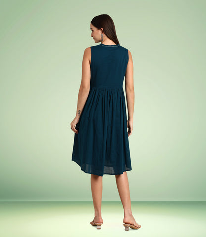 Teal Cotton Solid A-line Western Dress