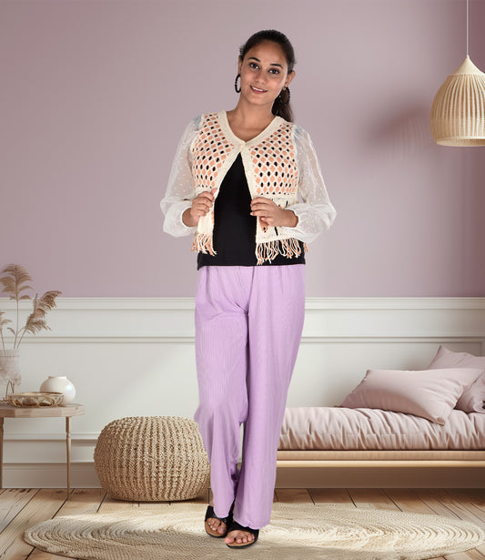 White and Pink Knitted Crochet Crop Top with Purple Trousers