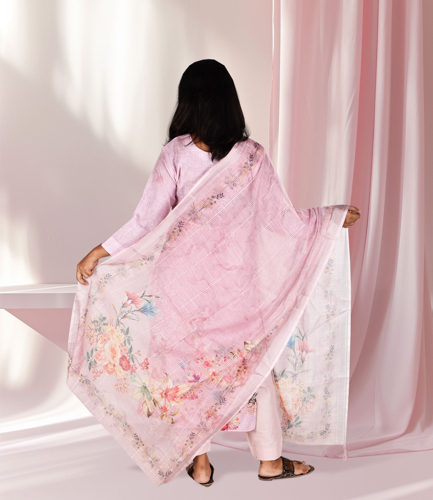 Pink Floral Print Embroidery Work Kurta, Pants with Dupatta Set