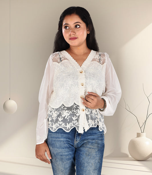 White Net Self Embroidery Top/Shrug, Free Size