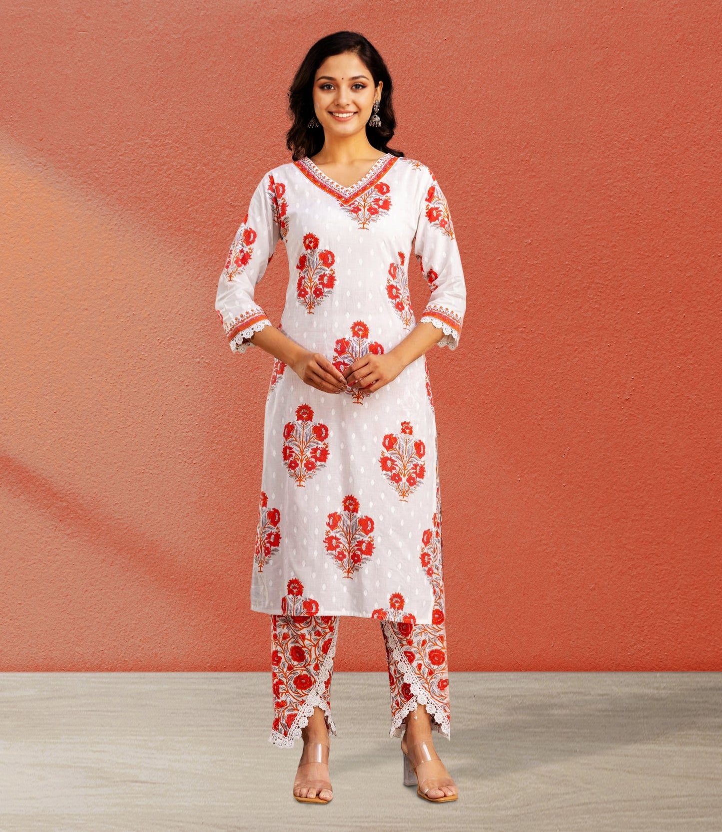 White and Red Floral Kurta Set