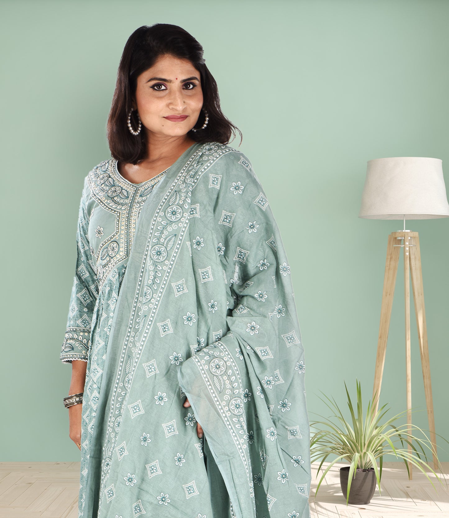 Ethnic Motifs Embroidered High Slit Threadwork Kurta with Trousers and Printed Dupatta