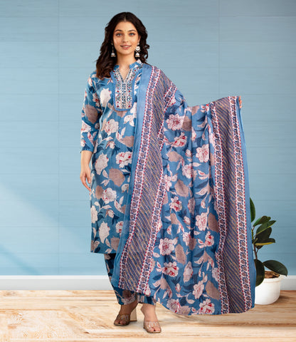 Blue and Beige Floral Print Salwar Suit