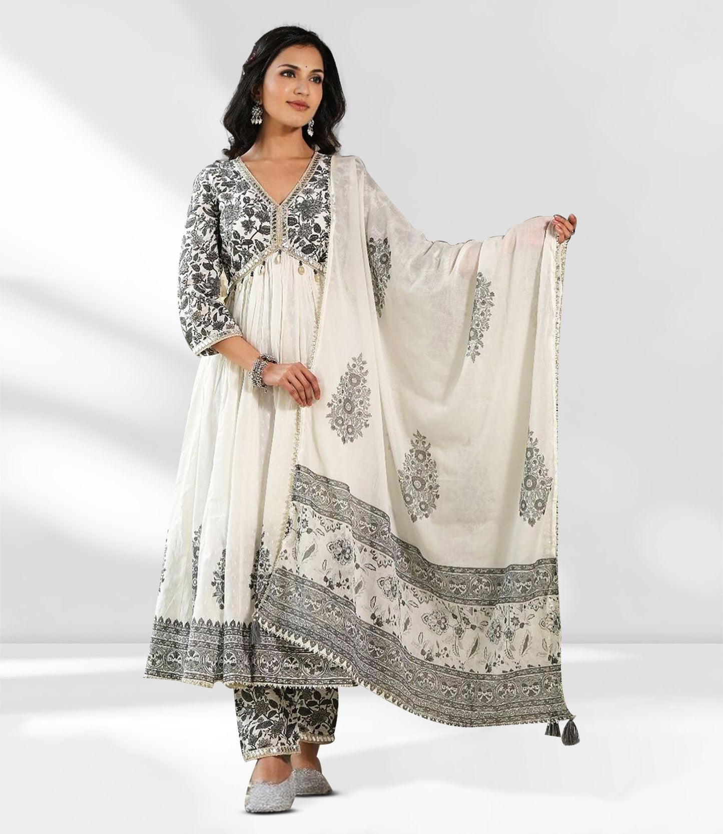 White Embroidered Anarkali Suit with Dupatta