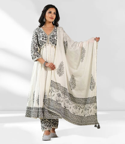 White Embroidered Anarkali Suit with Dupatta