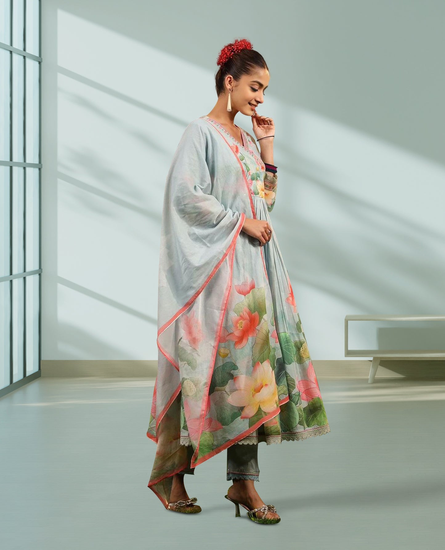 Grey Floral Print Anarkali Kurta with Dupatta